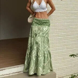Green Boho Women's Bohemian Printed Long Skirt
